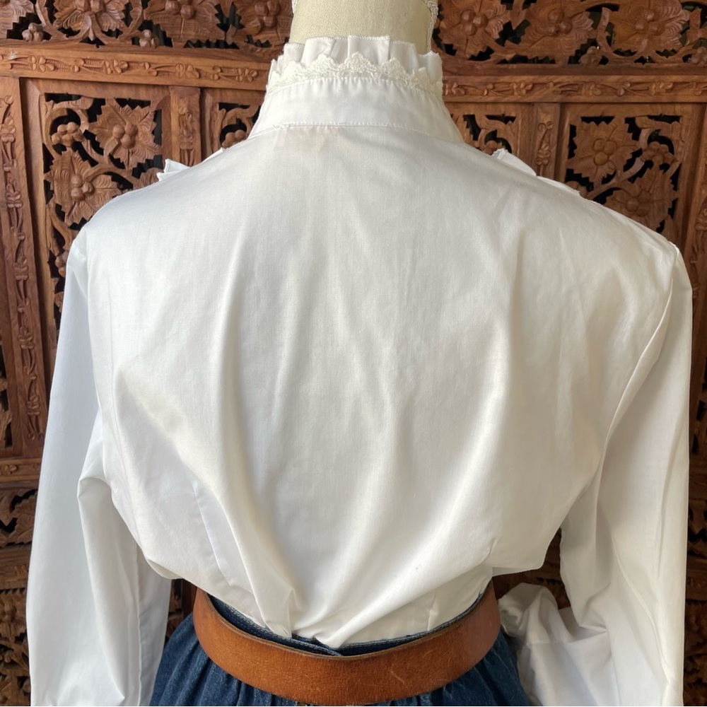 White Ruffled Victorian Edwardian Western lace trim crochet button down Blouse - Picture 13 of 14